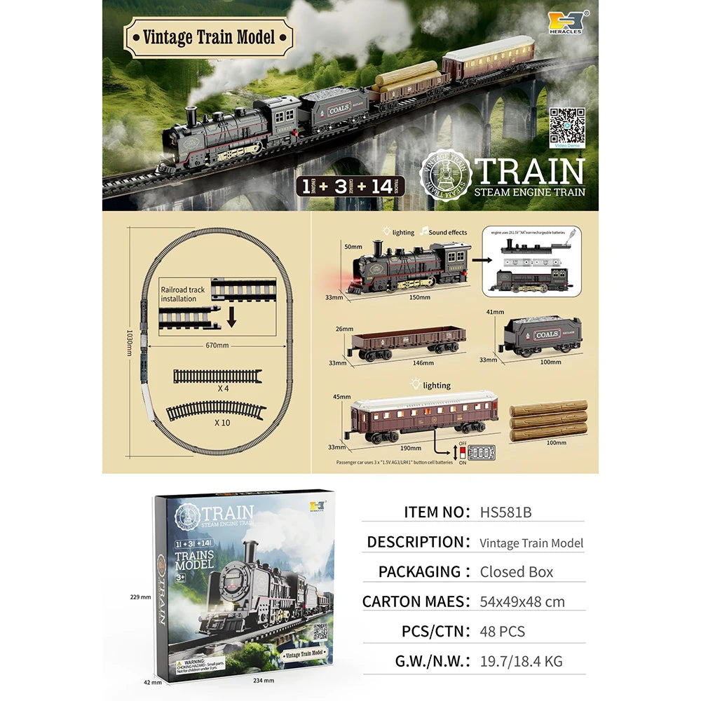 Kids Retro Electric Steam Train Rail Toys Classical Railway Freight Train High-Speed Tracks Train Model Boys Toys Christmas Gift