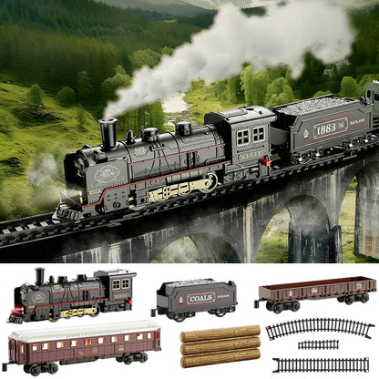Kids Retro Electric Steam Train Rail Toys Classical Railway Freight Train High-Speed Tracks Train Model Boys Toys Christmas Gift