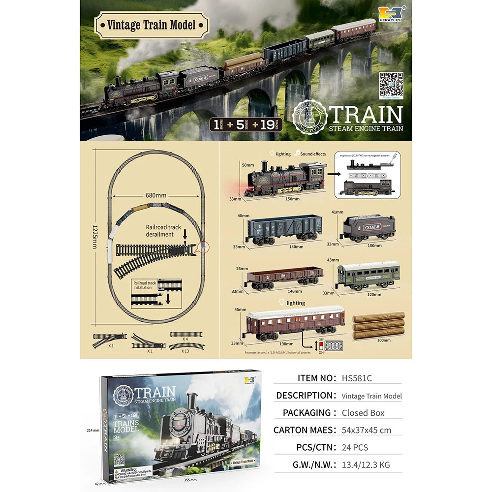 Kids Retro Electric Steam Train Rail Toys Classical Railway Freight Train High-Speed Tracks Train Model Boys Toys Christmas Gift