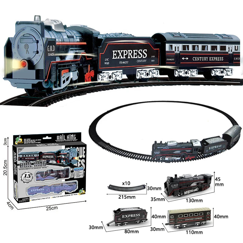 Kids Retro Electric Steam Train Rail Toys Classical Railway Freight Train High-Speed Tracks Train Model Boys Toys Christmas Gift