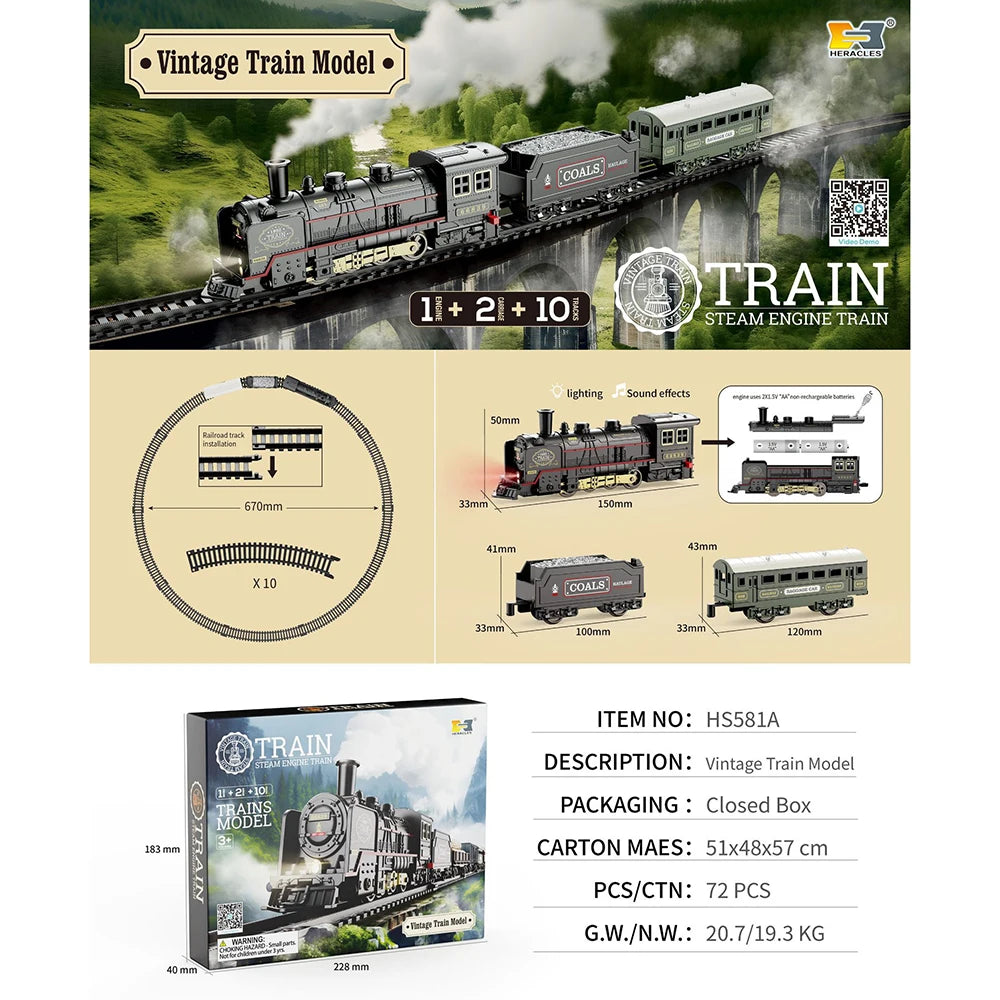 Kids Retro Electric Steam Train Rail Toys Classical Railway Freight Train High-Speed Tracks Train Model Boys Toys Christmas Gift